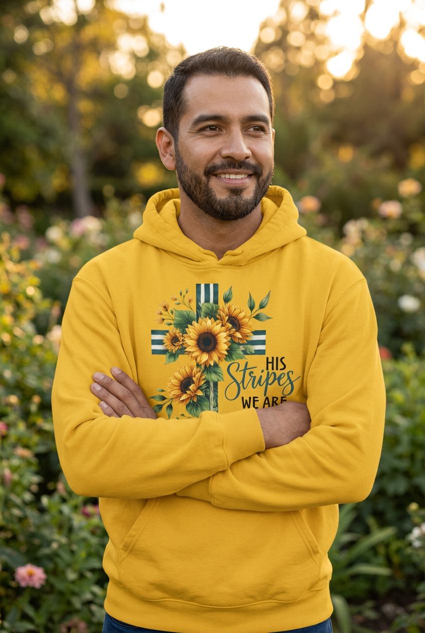 His Stripes We Are Healed sunflower yellow hoodie mockup
