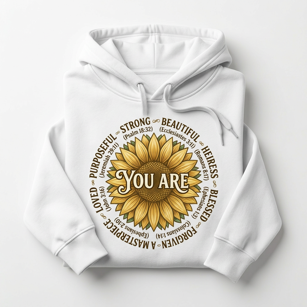You Are sunflower scripture white hoodie flat lay