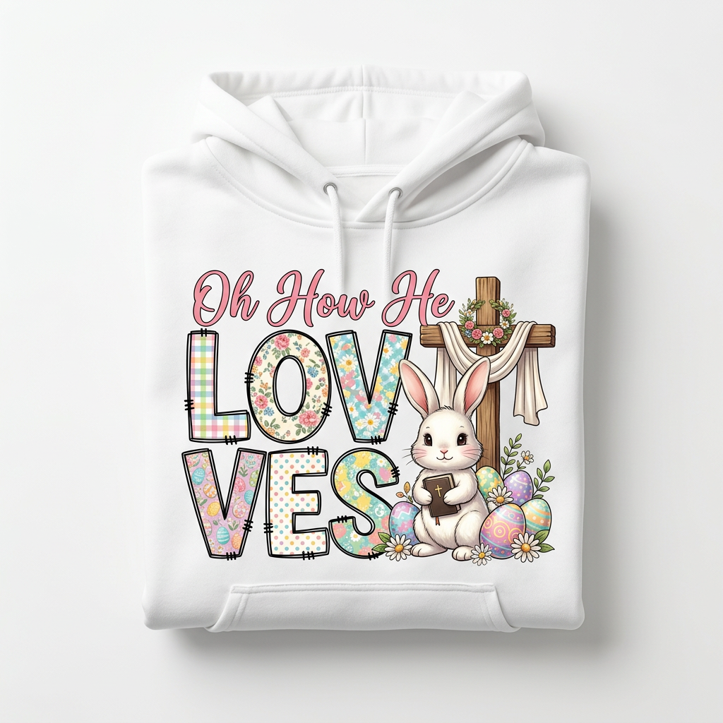 Oh How He Loves Us white hoodie flat lay