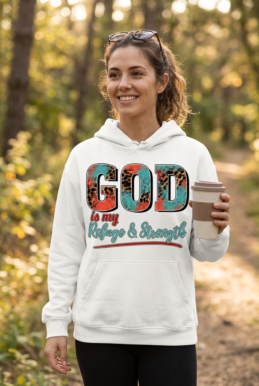 God is my Refuge & Strength white hoodie mockup