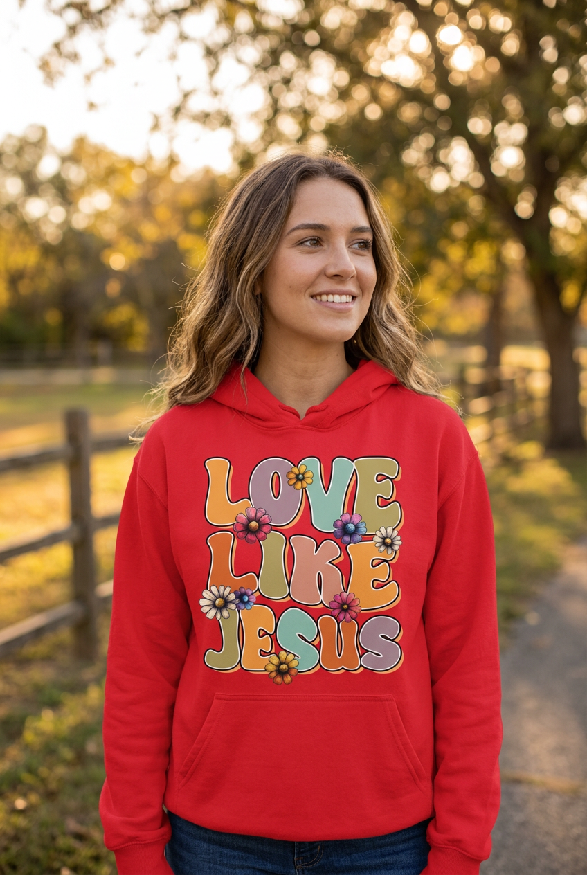 Love Like Jesus red hoodie mockup