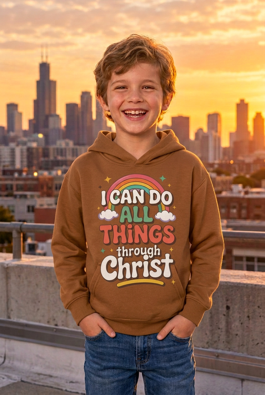 Child wearing I Can Do All Things through Christ hoodie