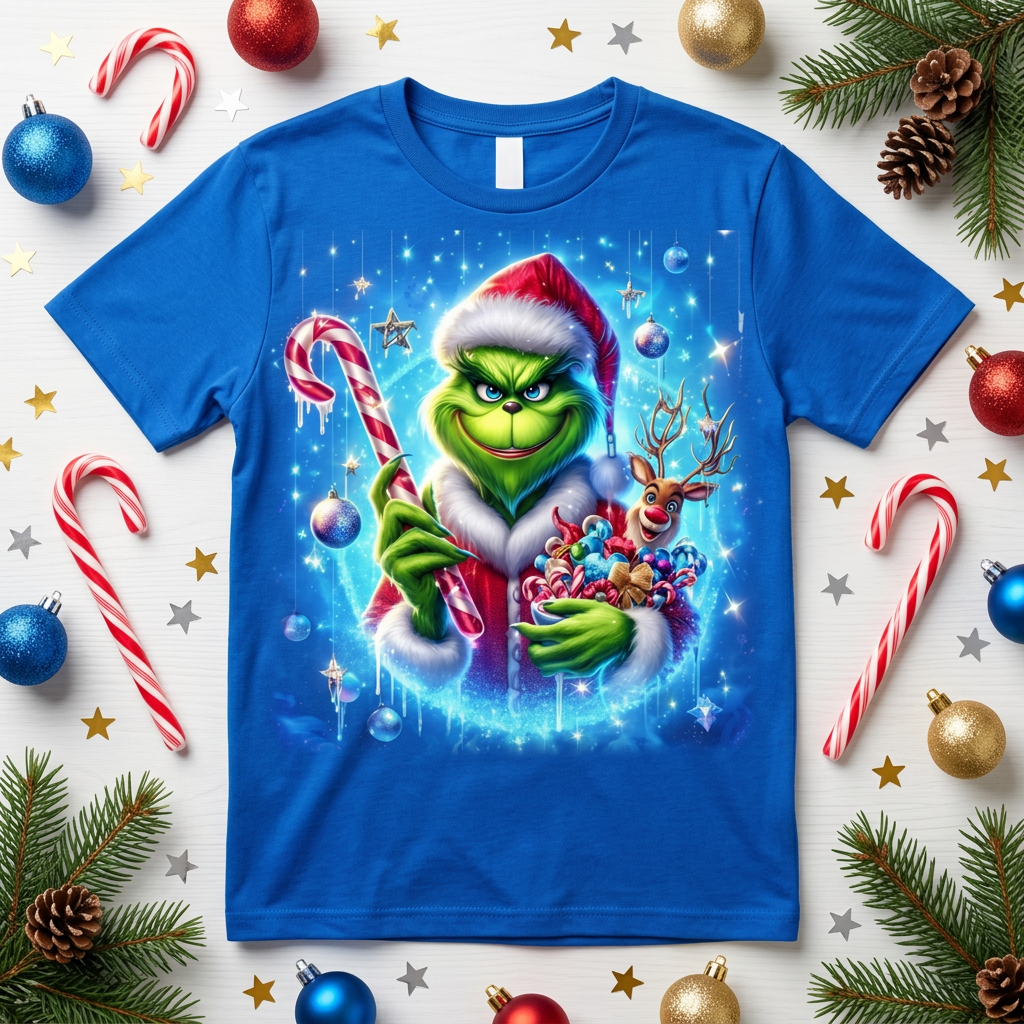 Grinch Christmas Tee blue shirt flat lay