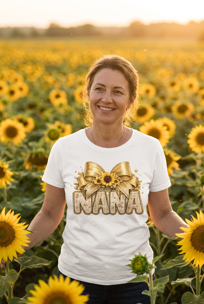 Woman wearing Nana Sunflower Gold Bow Tee in sunflower field