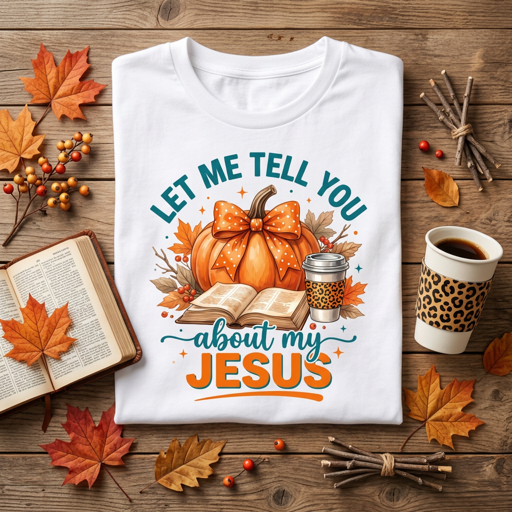 Let Me Tell You About My Jesus Tee flat lay with Bible and coffee cup