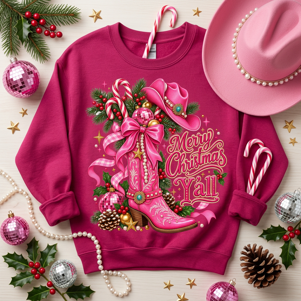 Merry Christmas Y'all - Dark pink sweatshirt flat lay
