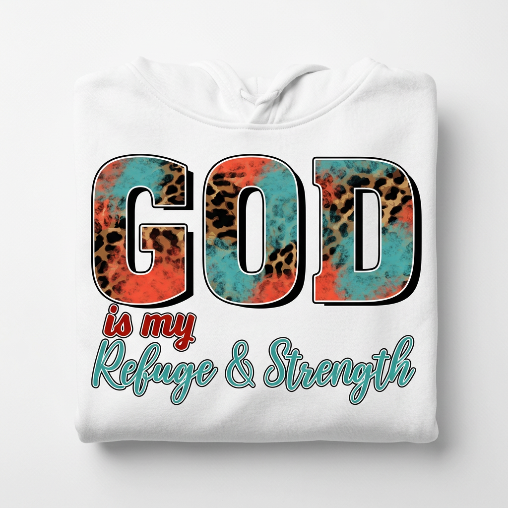 God is my Refuge & Strength white hoodie flat lay