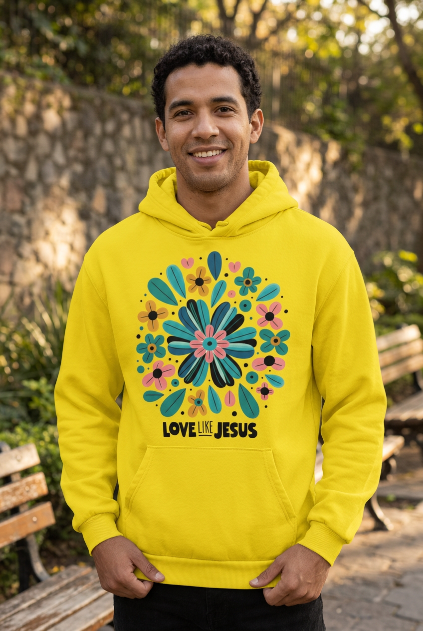 Love Like Jesus Smiley yellow hoodie mockup