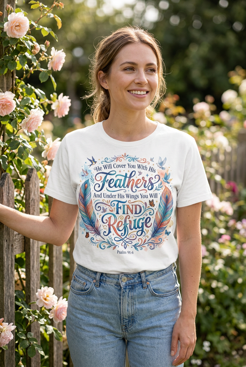 He Will Cover You With His Feathers Tee mockup
