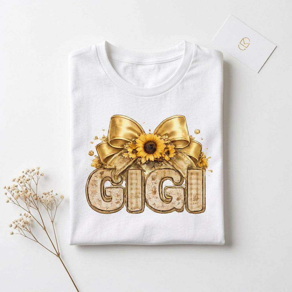Gigi Sunflower Gold Bow folded flat lay