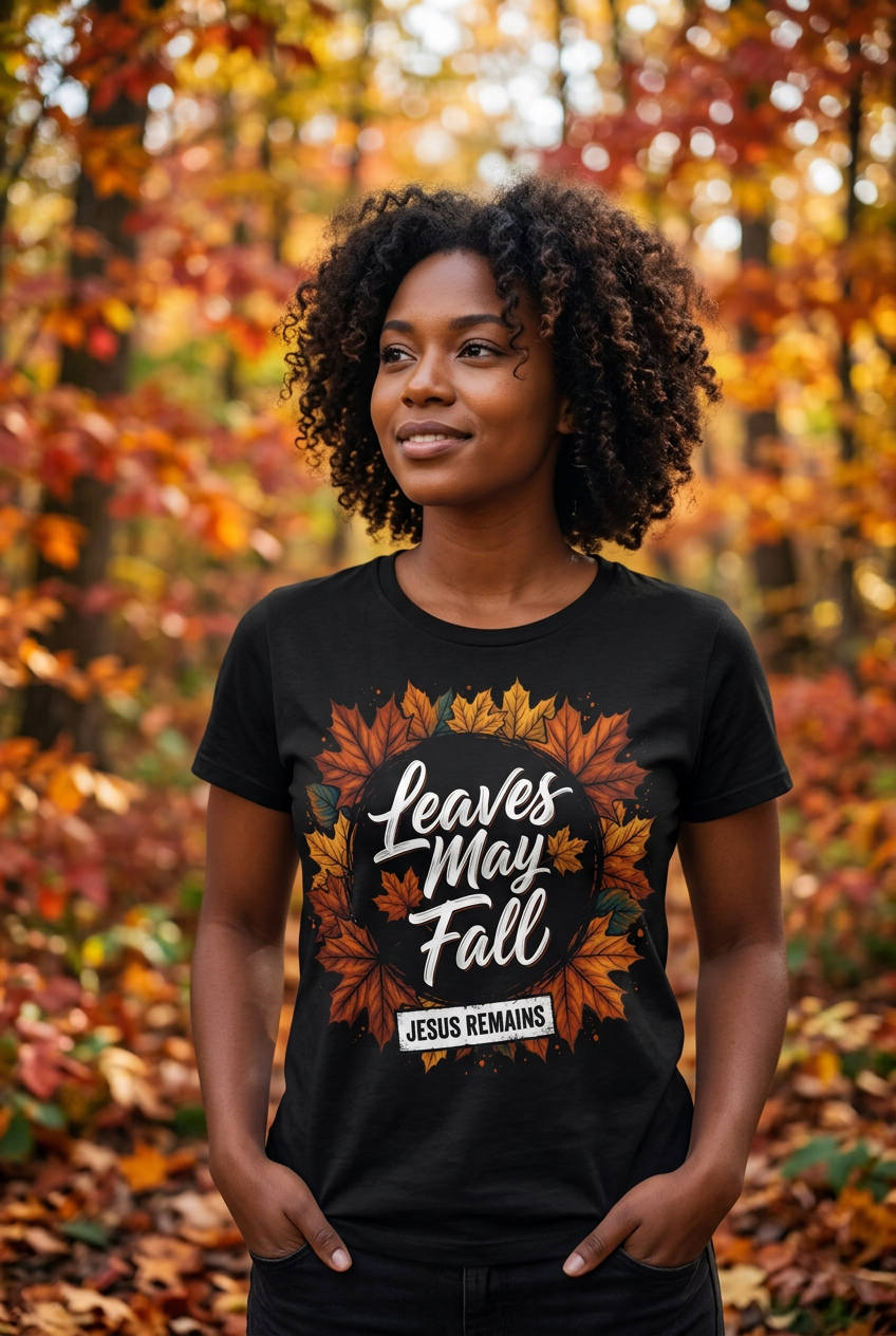 Black woman wearing Leaves May Fall Jesus Remains Tee in black
