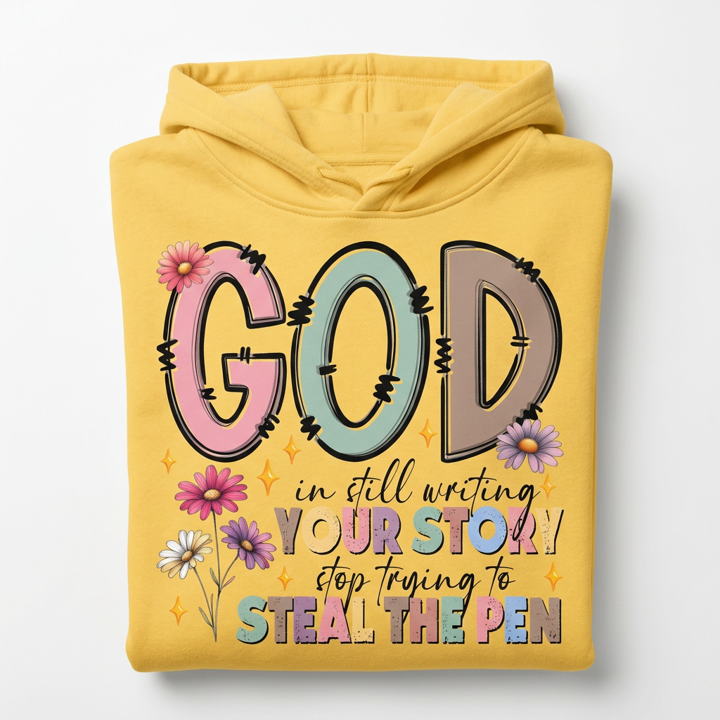 God is Still Writing Your Story yellow hoodie flat lay