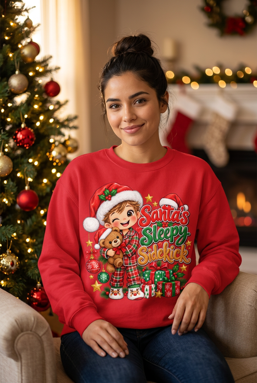 Santa's Sleepy Sidekick - Hispanic female model hair in bun red sweatshirt