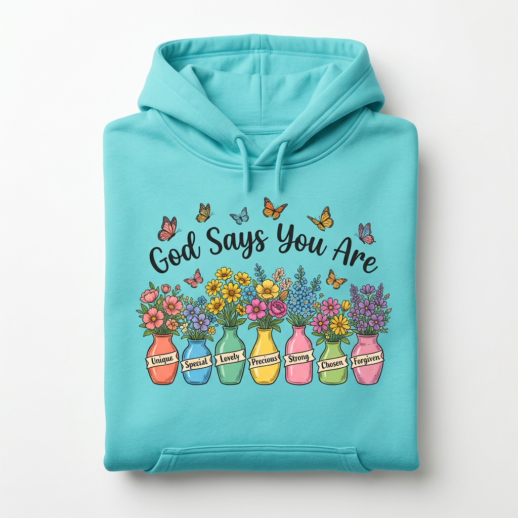 God Says You Are turquoise hoodie flat lay