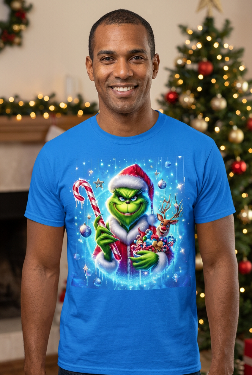Grinch Christmas Tee blue shirt lifestyle mockup