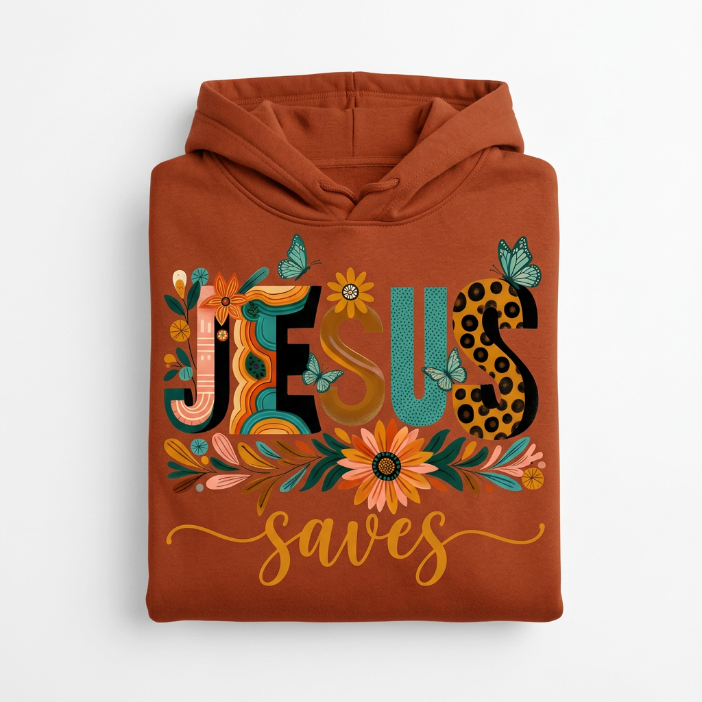 Jesus Saves rust hoodie flat lay