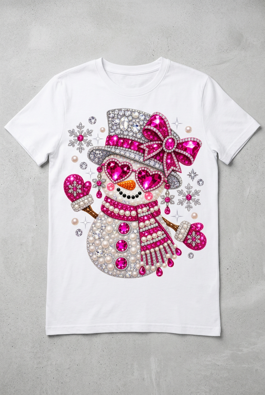 Glam Rhinestone Snowman Tee - flat lay on white shirt