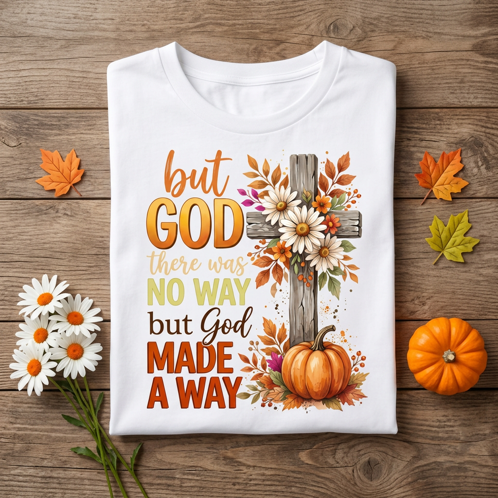 But God Made a Way Tee flat lay with white daisies and pumpkin