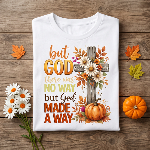 But God Made a Way Tee flat lay with white daisies and pumpkin