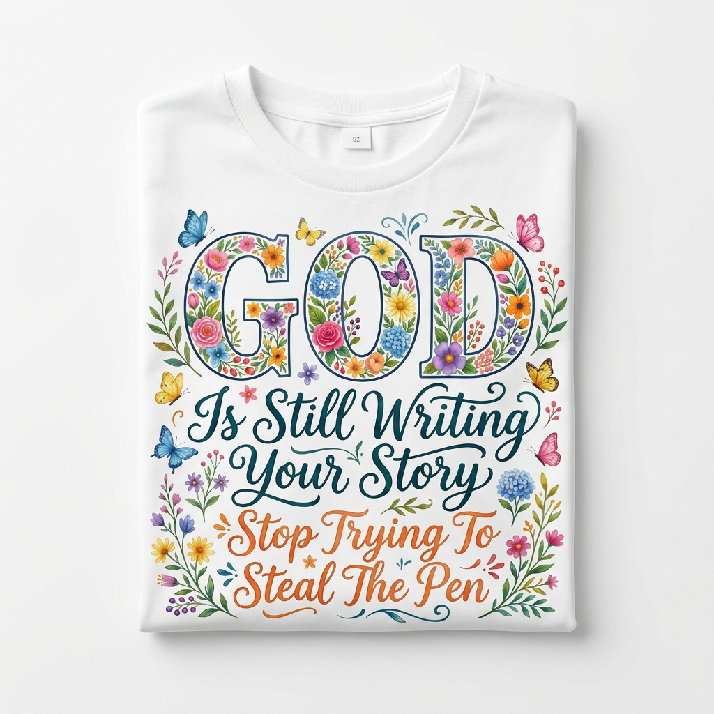God Is Still Writing Your Story Tee flat lay
