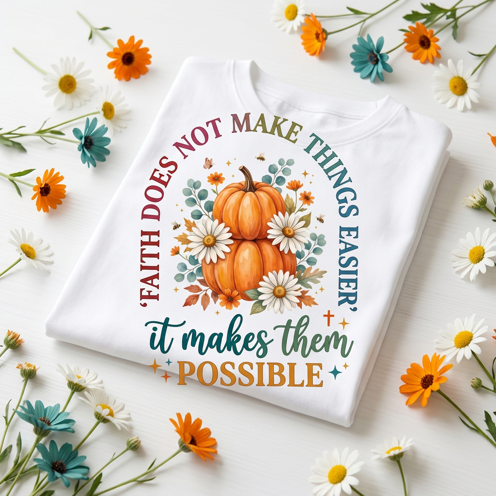 Faith Does Not Make Things Easier Tee flat lay with daisies