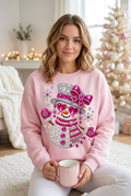Glam Rhinestone Snowman Tee - lifestyle mockup, white woman in pink sweatshirt