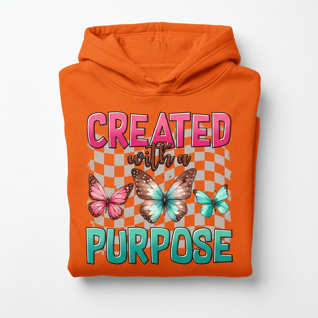 Created With a Purpose orange hoodie flat lay