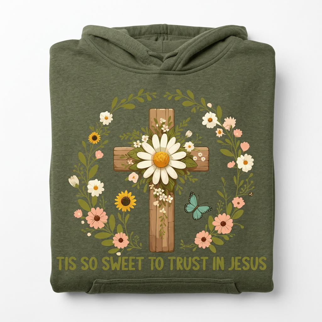 Tis So Sweet to Trust in Jesus olive green hoodie flat lay