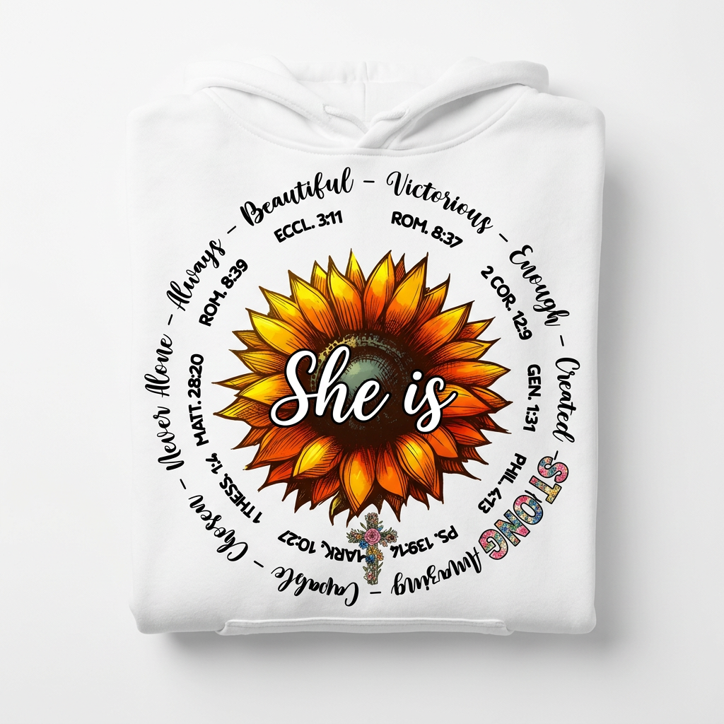 She is Strong Proverbs 31:25 white hoodie flat lay