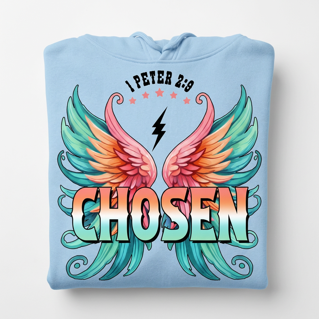 Chosen 1 Peter 2:9 baby blue hoodie flat lay