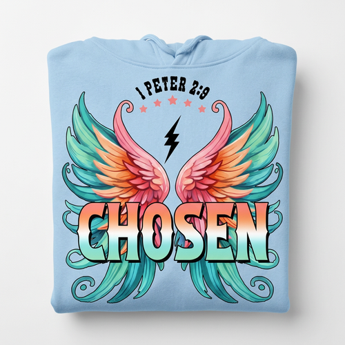 Chosen 1 Peter 2:9 baby blue hoodie flat lay