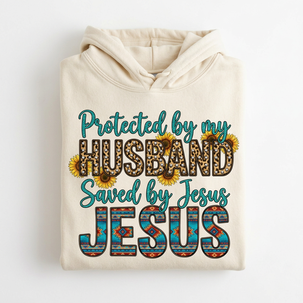 Protected by My Husband Saved by Jesus cream hoodie flat lay