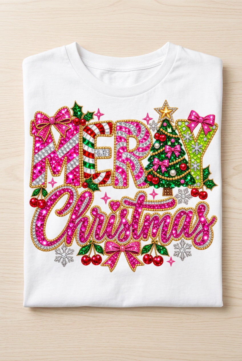 Merry Christmas Rhinestone Tee - flat lay on white shirt