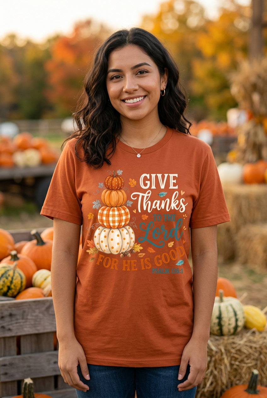 Hispanic woman wearing Give Thanks to the Lord Tee in burnt orange