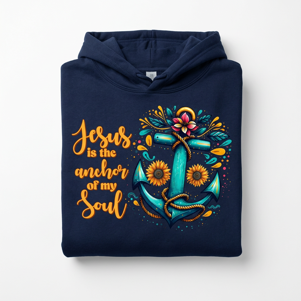 Jesus is the Anchor of My Soul navy hoodie flat lay