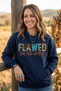Flawed But Still Worthy navy blue hoodie mockup