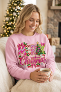 Merry Christmas Rhinestone Tee - lifestyle mockup, white woman with coffee in pink sweatshirt