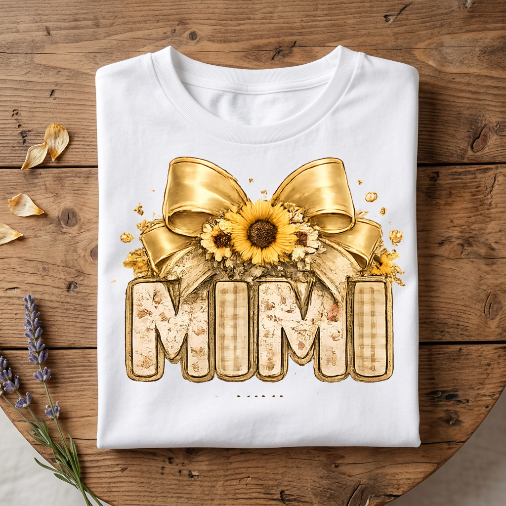 Mimi Sunflower Gold Bow Tee folded flat lay on rustic wood surface