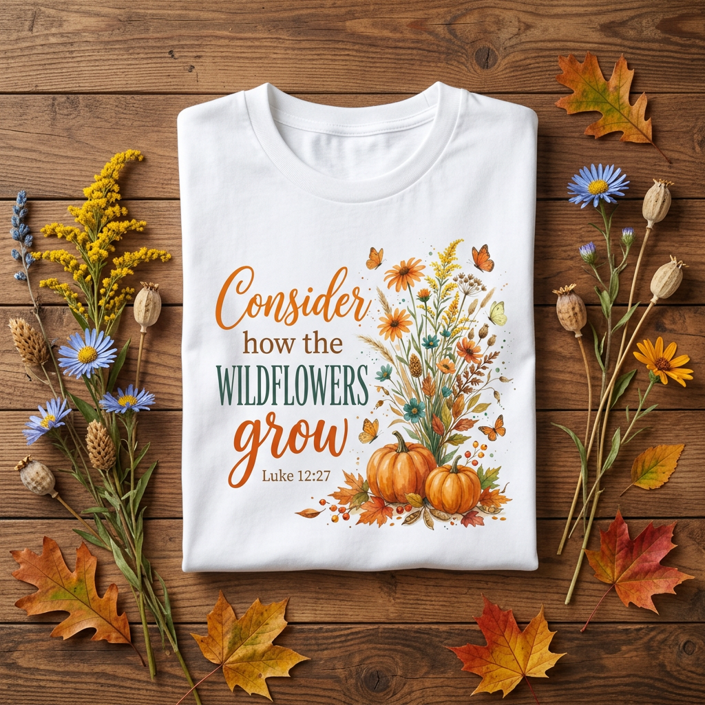Consider How the Wildflowers Grow Tee folded flat lay on rustic wood surface