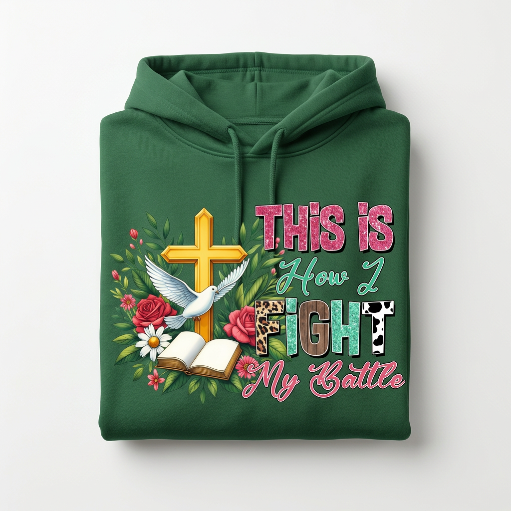 This is How I Fight My Battle forest green hoodie flat lay