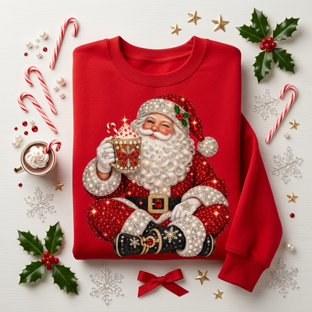Bedazzled Santa - Red sweatshirt flat lay