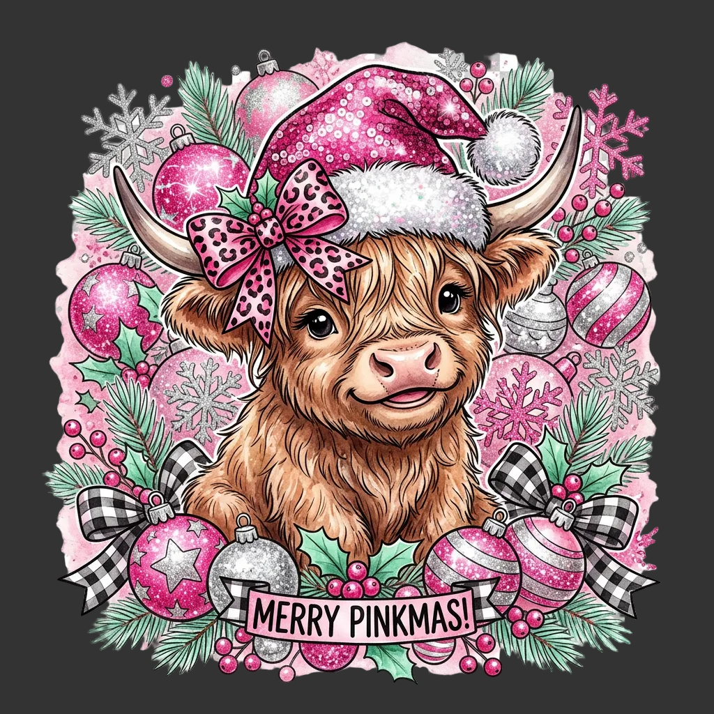 Glam Pink Highland Cow Christmas Tee | Holiday Shirt – Soft Print Tees