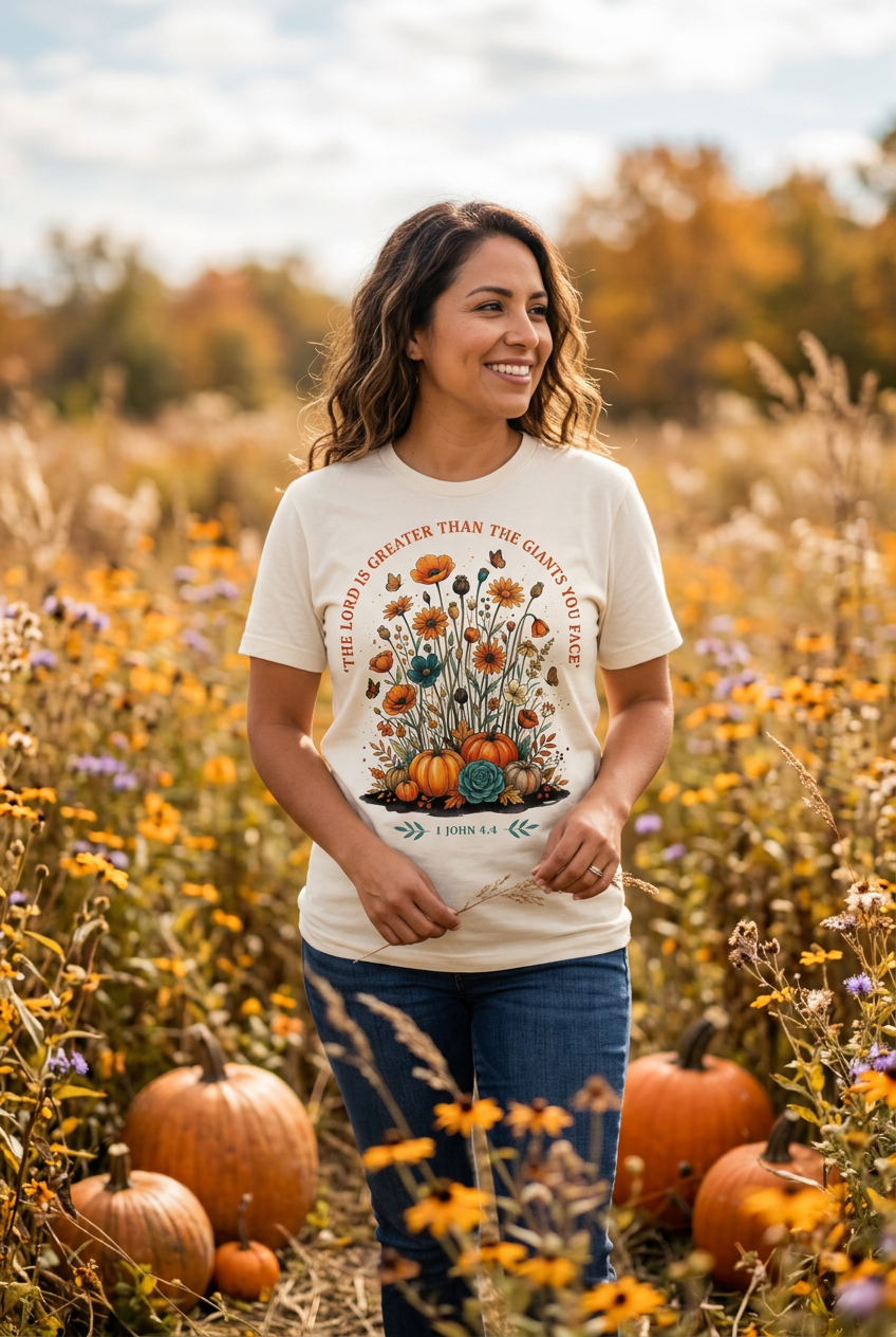 Hispanic woman wearing The Lord Is Greater Floral Tee in cream