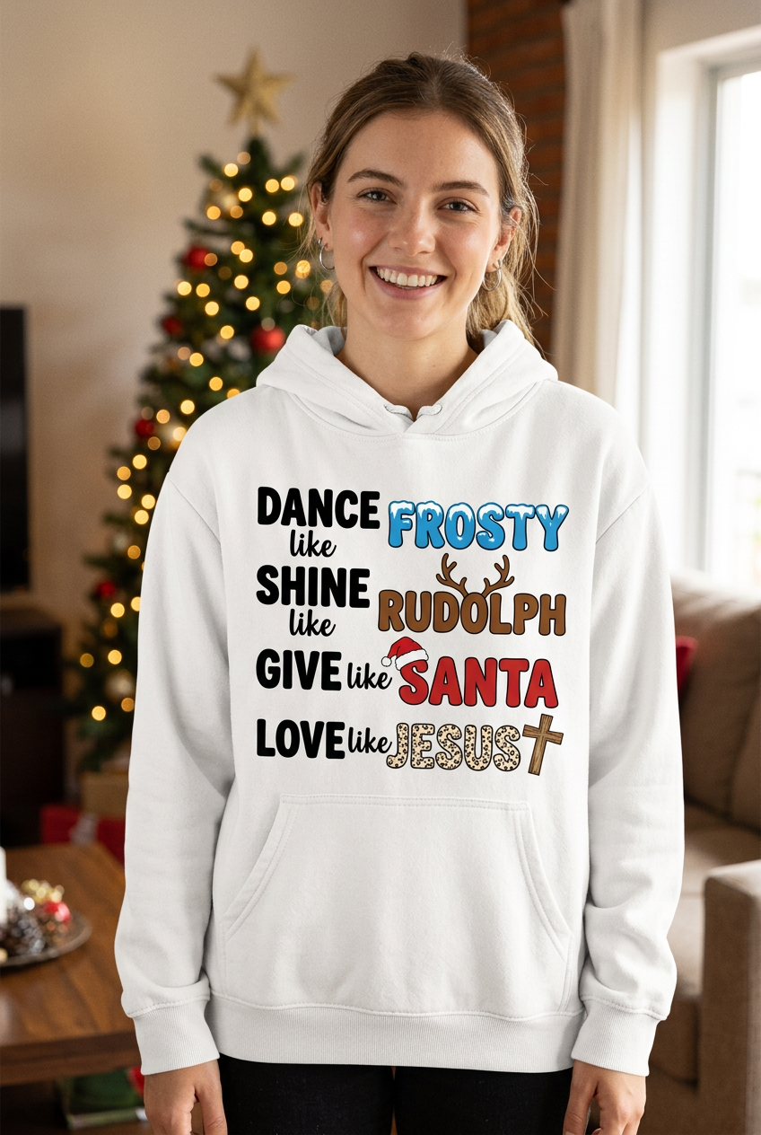 Dance Like Frosty Love Like Jesus white hoodie mockup