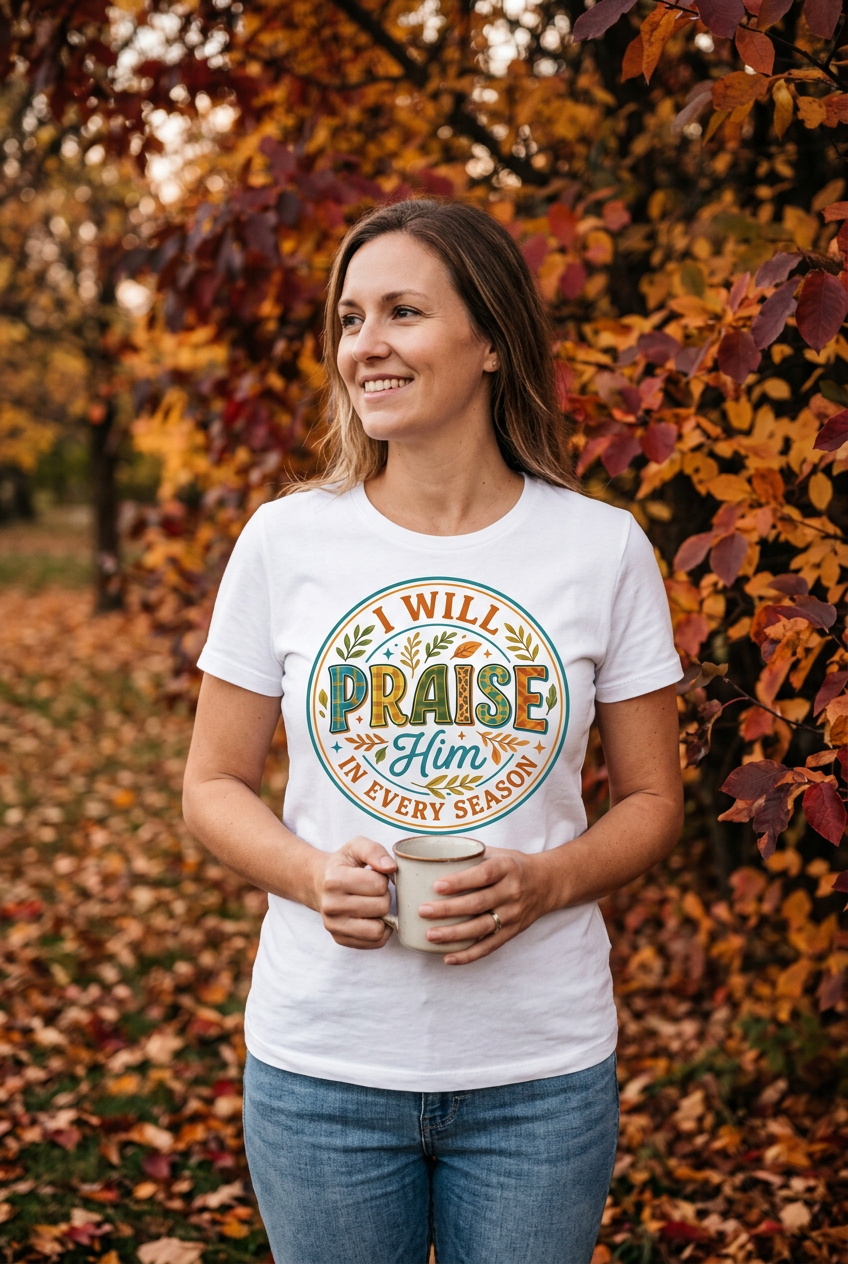 Woman wearing I Will Praise Him In Every Season Tee in autumn setting