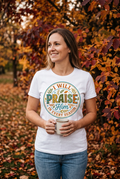 Woman wearing I Will Praise Him In Every Season Tee in autumn setting
