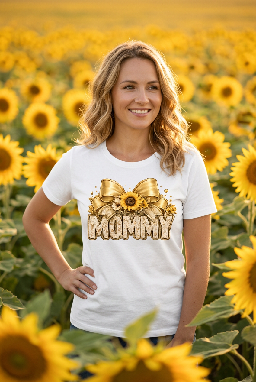 Woman wearing Mommy Sunflower Gold Bow Tee in sunflower field