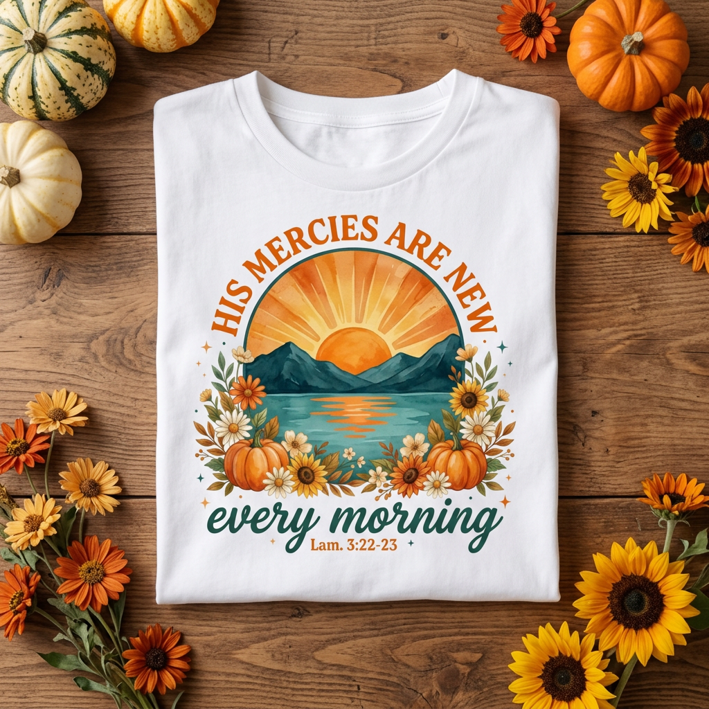 His Mercies Are New Every Morning Tee folded flat lay on rustic wood surface with pumpkins