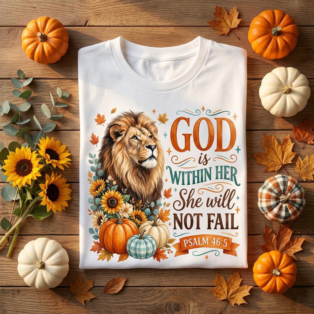 God Is Within Her She Will Not Fail Tee flat lay with sunflowers and pumpkins