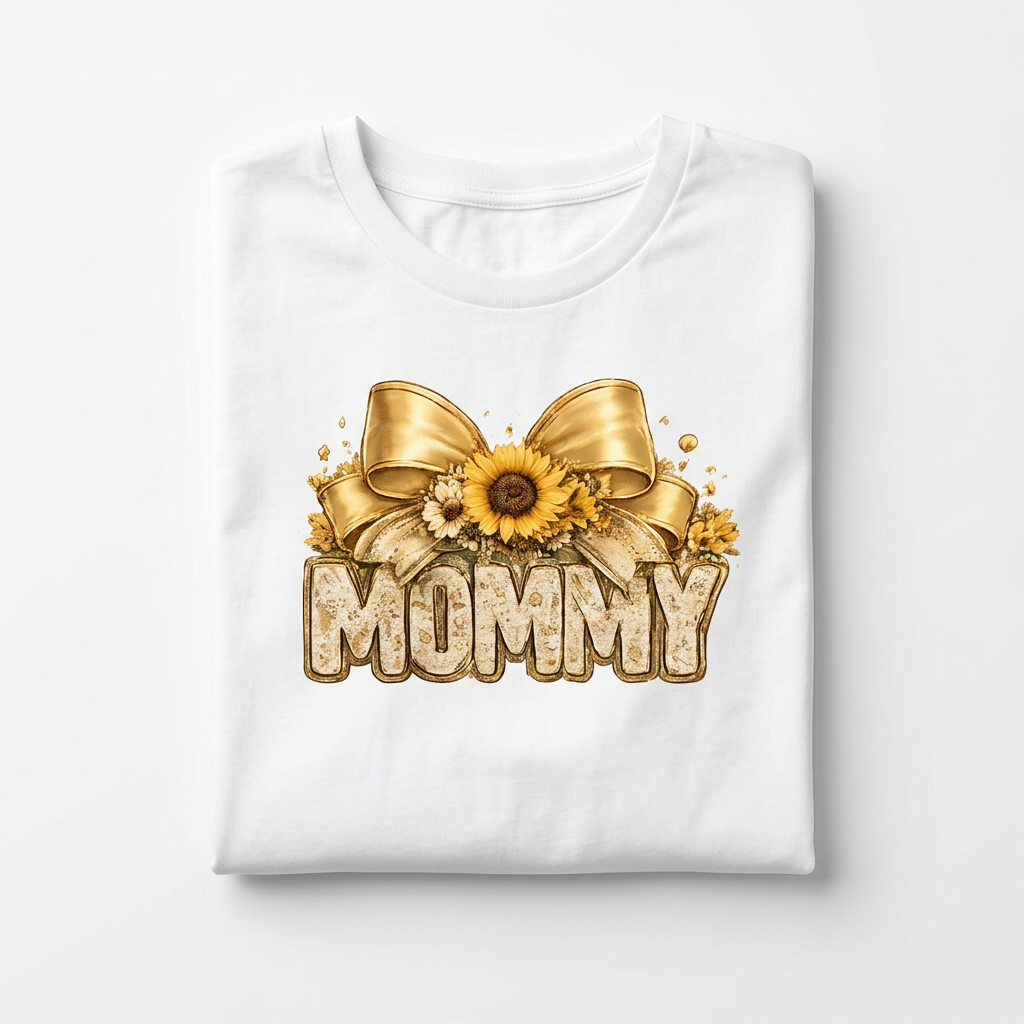 Mommy Sunflower Gold Bow folded flat lay